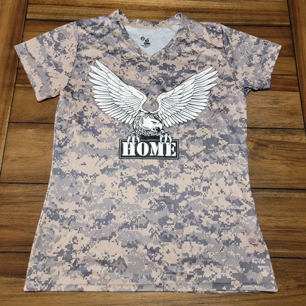 Badger Sport SS Green Camo V-Neck Tee "Home Help Our Military Endure"-Ladies Med